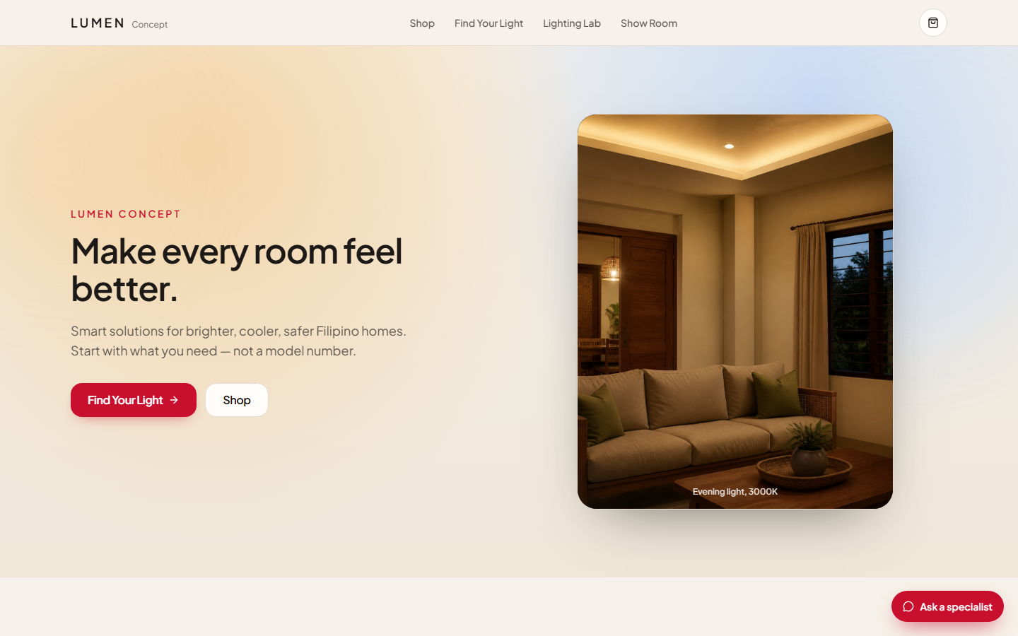 Lumen concept storefront with lighting specialist chat